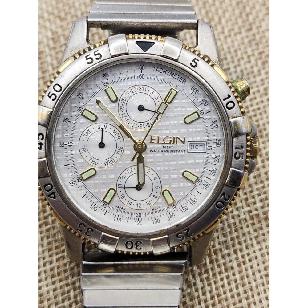 ELGIN FS321B Chrono Day/Date/Month Two-Tone Unisex Wristwatch New Battery